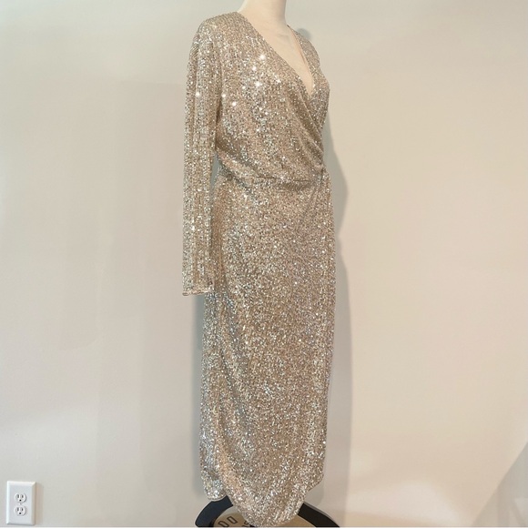 H&M Beige Sequin Wrap Midi Christmas Dinner Party Long Sleeve Dress Small - Picture 6 of 9